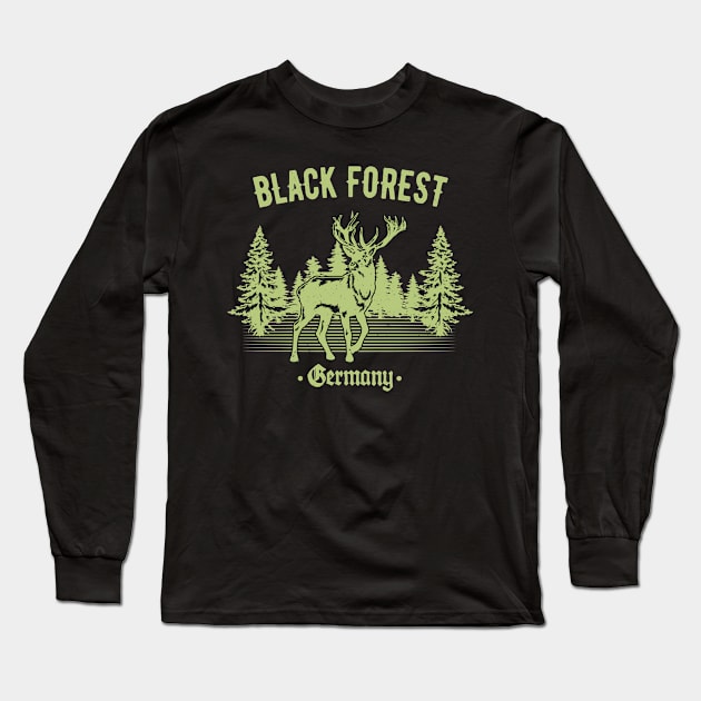 Black Forest Germany Deer with Trees Swabia Long Sleeve T-Shirt by Foxxy Merch